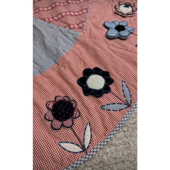 Vtg Quilted Patchwork Christmas Tree Skirt Red White Blue Gingham Country USA - Picture 10 of 11